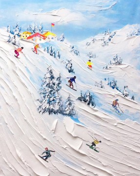 Esquiador en la montaña nevada Arte de la pared Deporte Cabaña de esquí en la nieve blanca por Knife Pinturas al óleo